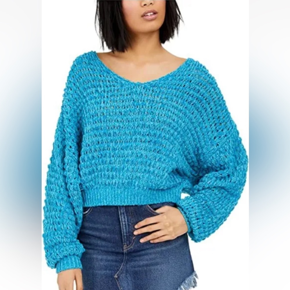 FREE PEOPLE Women's Pristine Water Blue V Neck Open Knit Sweater Size S NEW